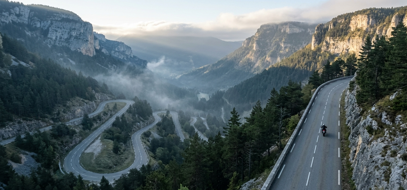 Motards de la FMF Isère sur une route de montagne face au massif du Vercors